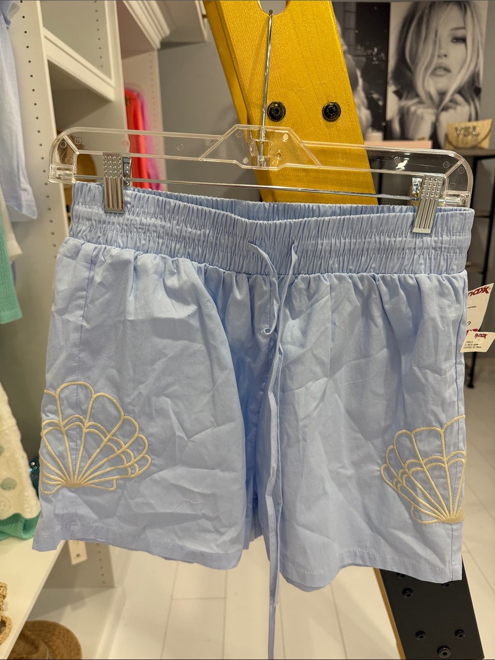 Light Blue Women's Elastic-Waist Shorts with Shell Embroidery